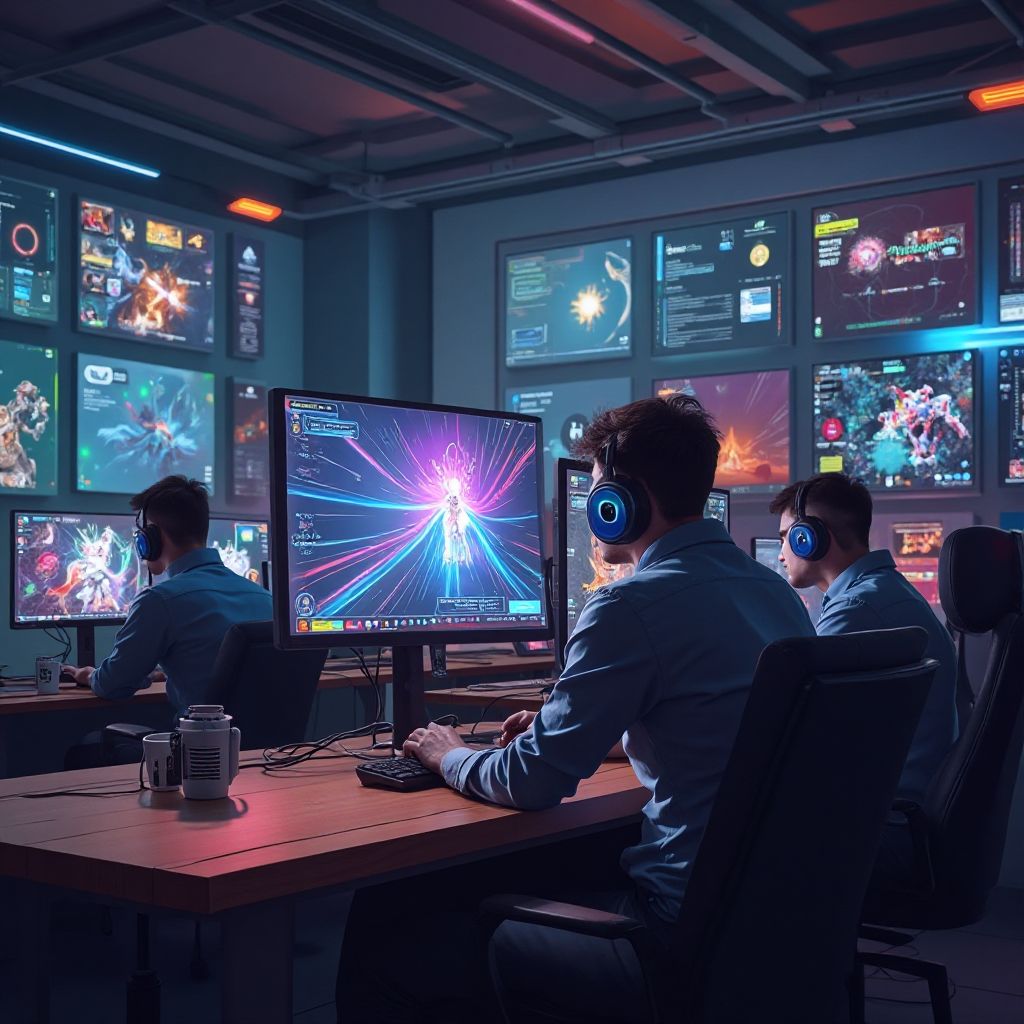 Game development studio with developers at work